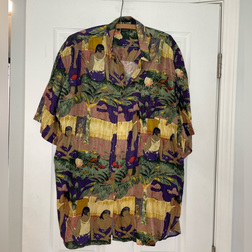 SILK CLUB vintage silk casual button front shirt in cool print - Men’s Large